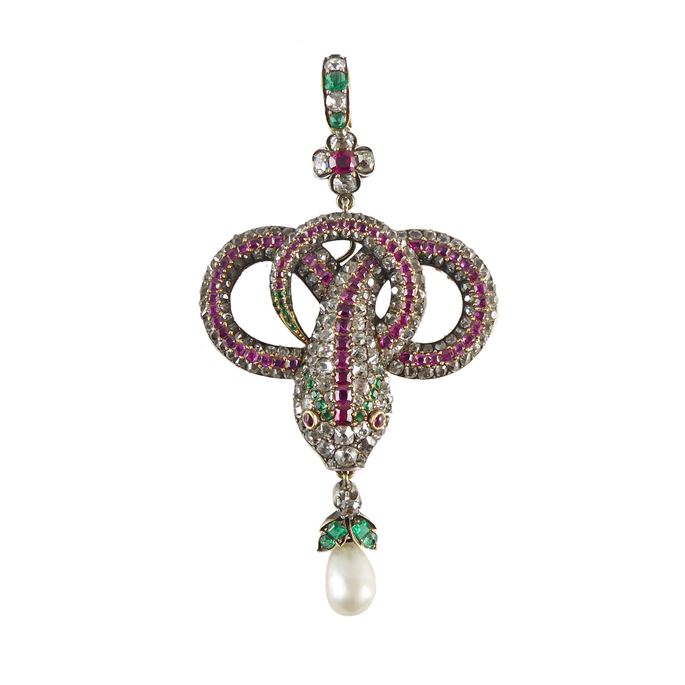 Diamond, ruby, emerald and pearl snake pendant, the snake triple looped | MasterArt